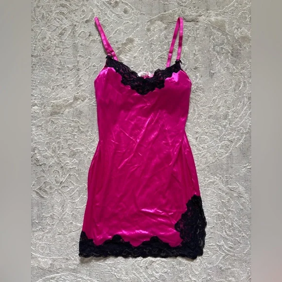 strapless open back dress Cute Pinky Satin Lace-Trim Slip Dress